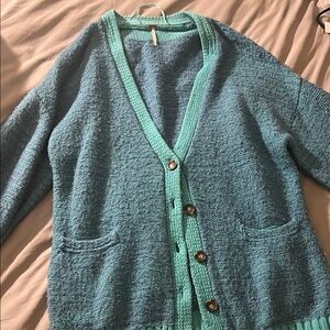 FREE PEOPLE Blue Fuzzy V-Neck Cardigan Sweater